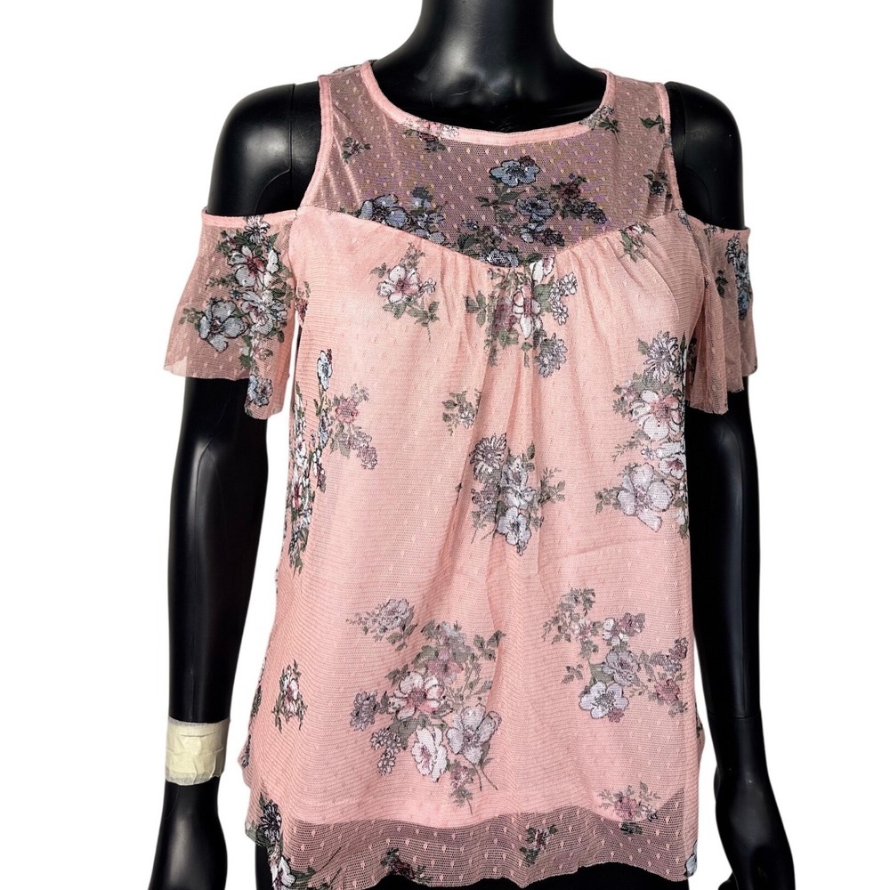 Amy Wear Pink Floral Cold Shoulder Tunic‎ Top Blouse Womens Size M